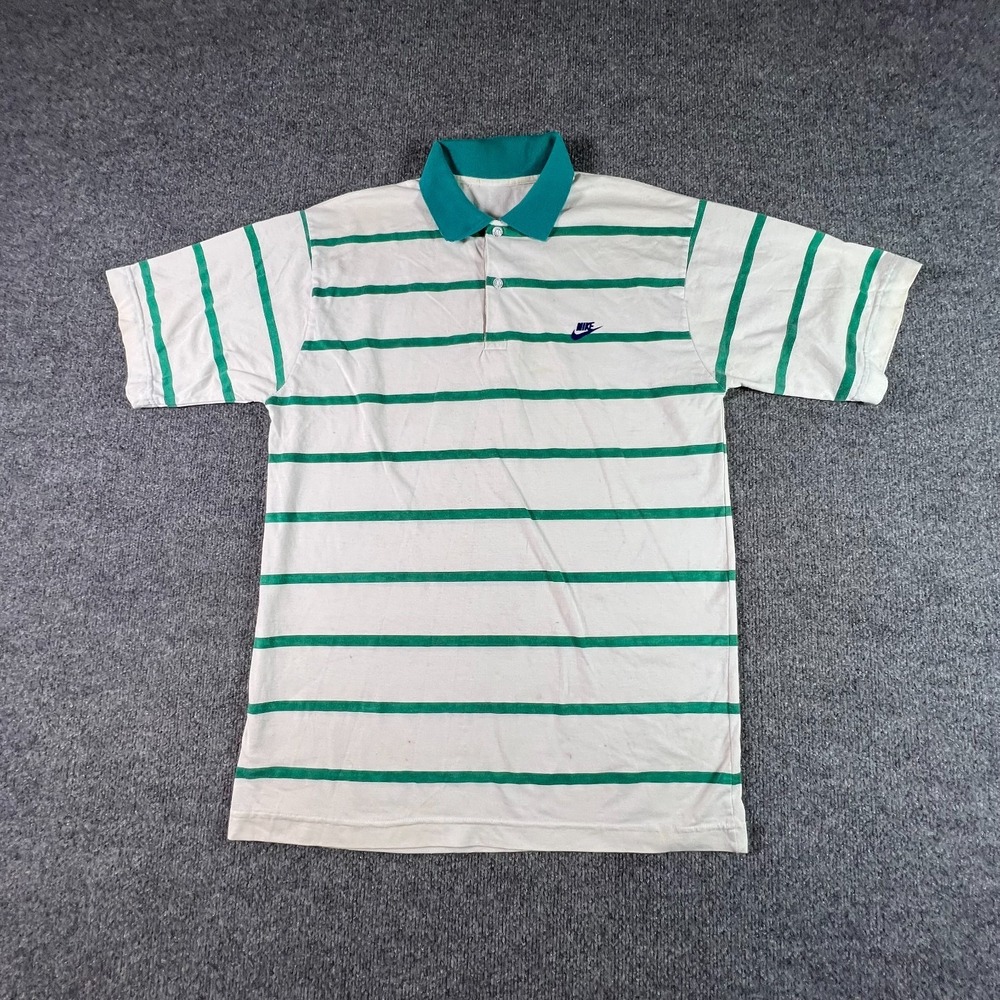 Vintage 80s Nike Polo Shirt Mens Large White Green Striped Golf Performance